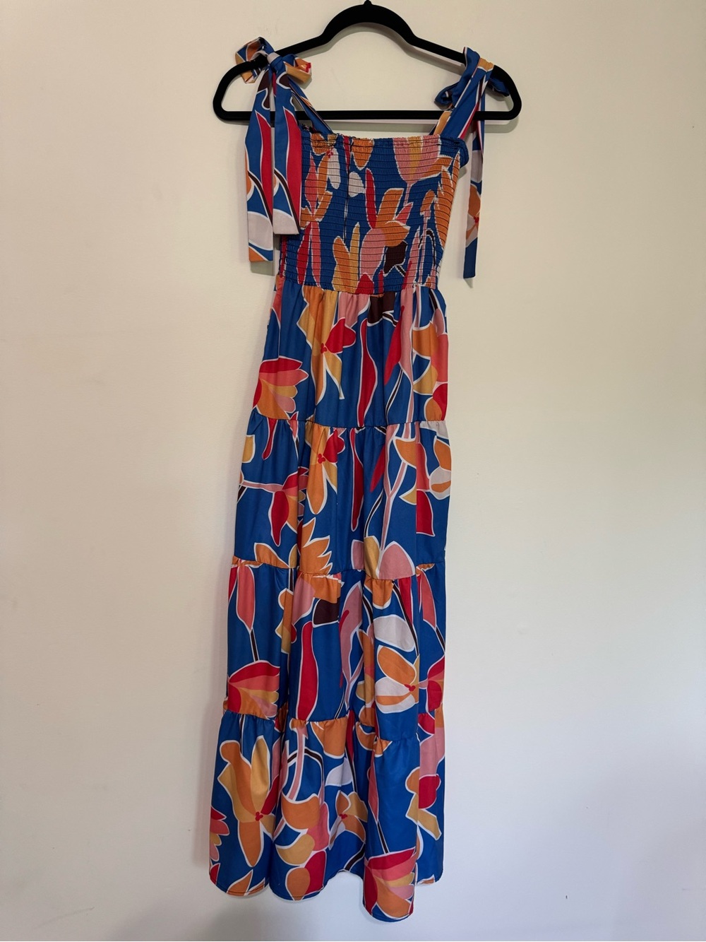 Smocked Blue Floral Tie-Shoulder Maxi Dress